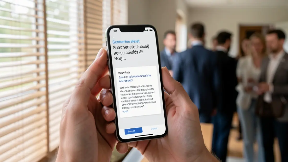 Hand holding a smartphone displaying a survey about summer heat in housing.