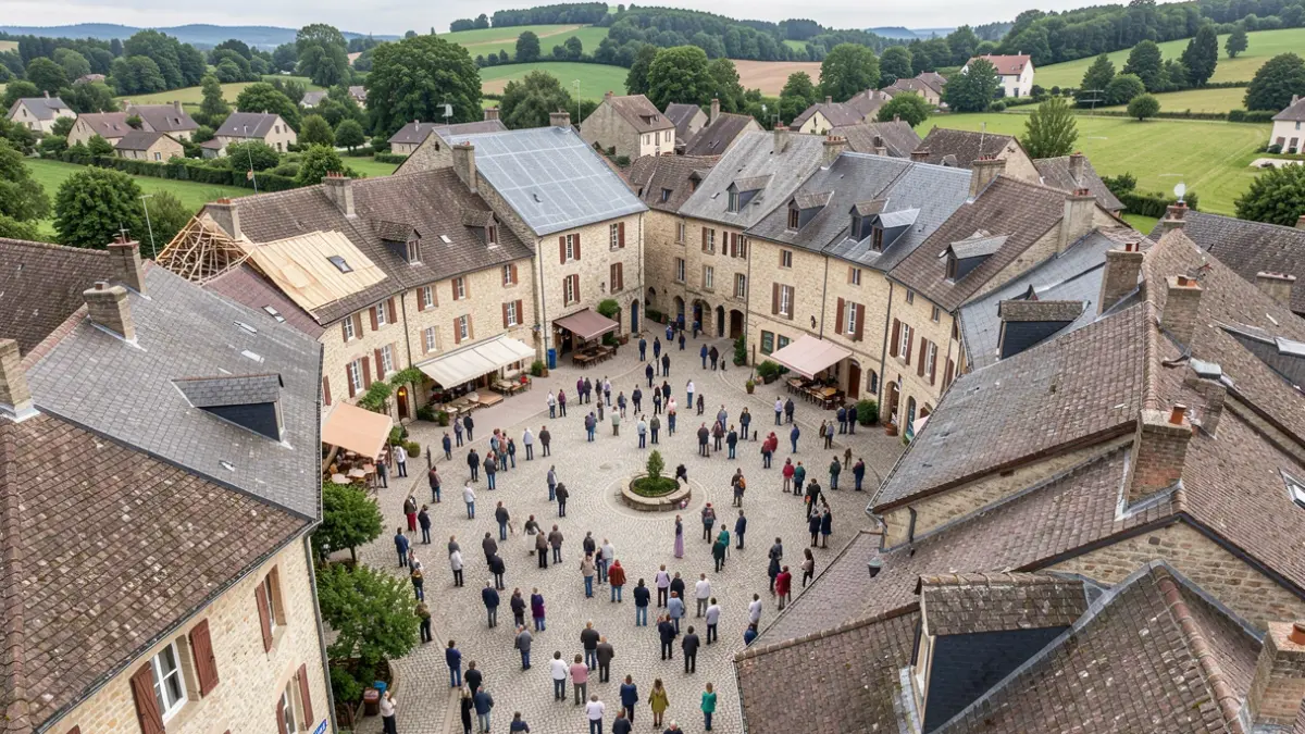 Aerial view of a traditional village center in Cantal with stone houses.