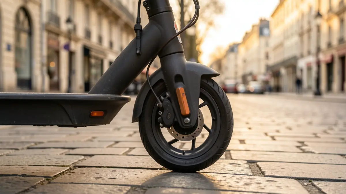Generic image of a bicycle wheel parked on a sidewalk in a French city.