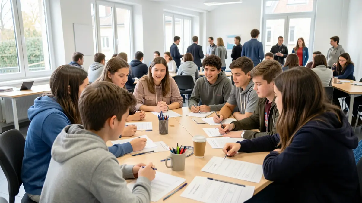Generic image of a group of young people discussing around a table in a municipal meeting room.