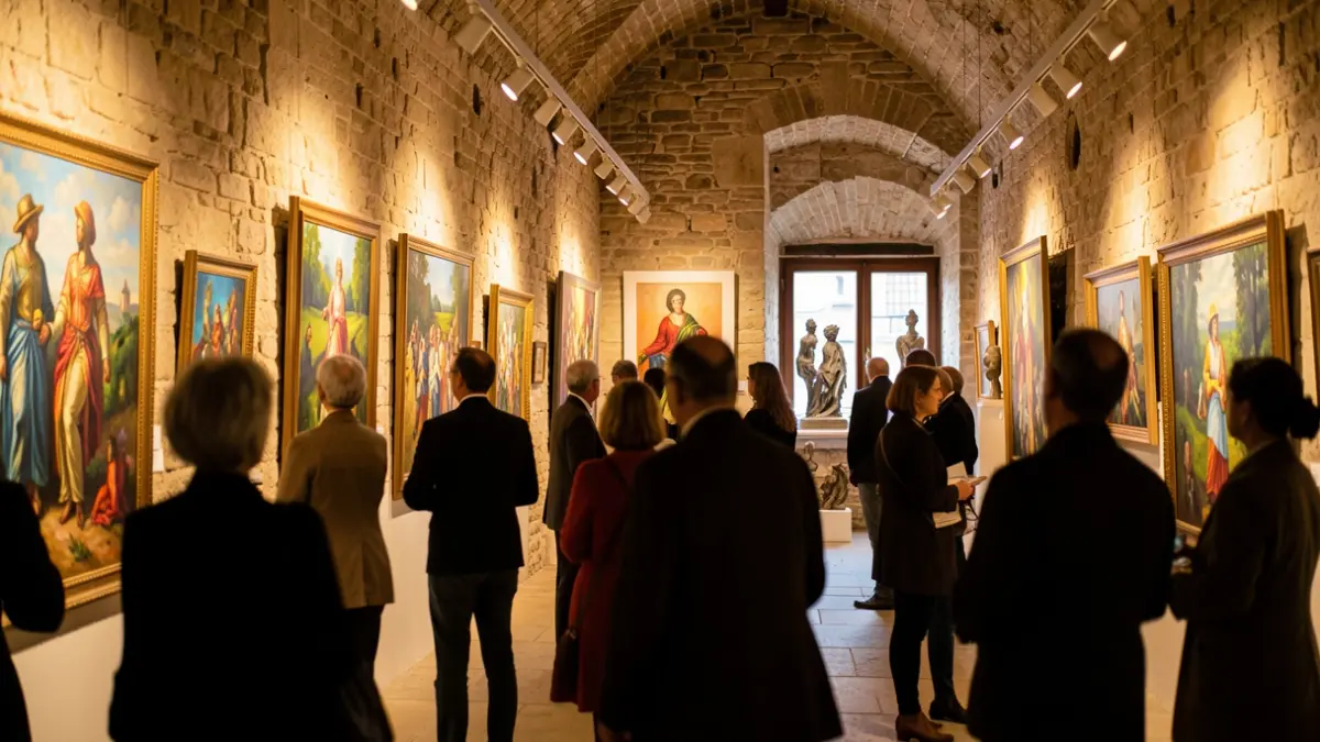 Generic image of an art exhibition in a rustic hall, featuring diverse paintings and sculptures, illuminated by soft light.
