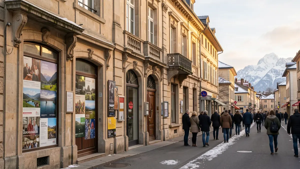 Generic image of the facade of a cultural center in a small French town, with posters visible at the entrance, in the warm afternoon light.