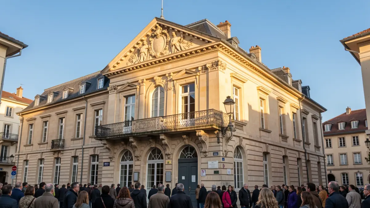 Generic image of a town hall facade in the Auvergne-Rhône-Alpes region, with ornate architectural details and a balcony, bathed in warm afternoon sunlight. Blue sky in the background.