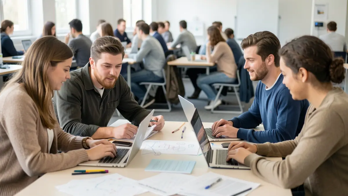 Generic image of students working together on a project in a modern university setting.