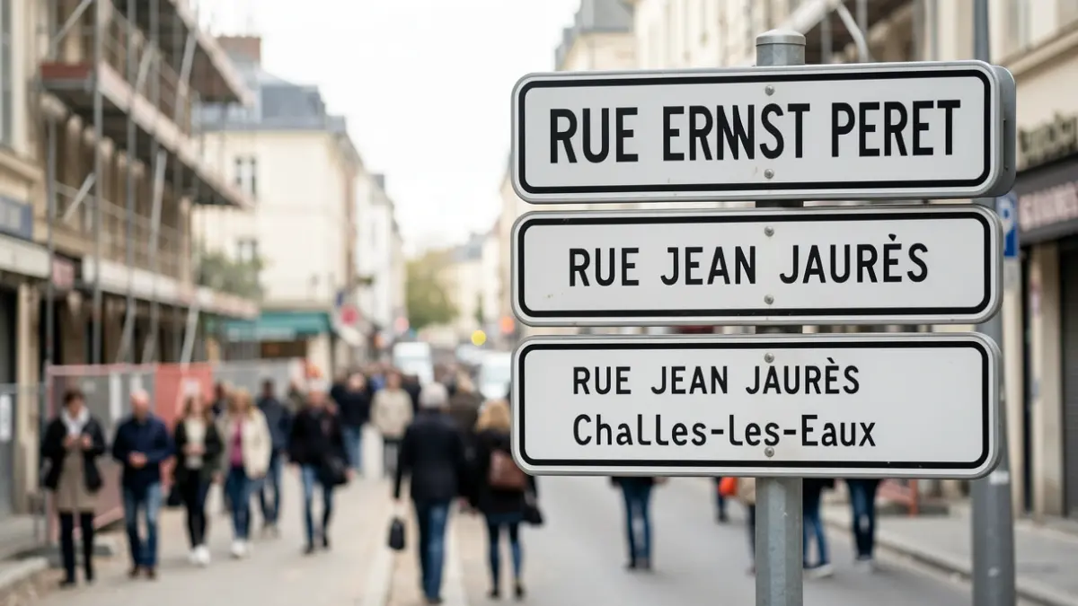 Street signs for Ernest Pernet and Jean Jaurès streets in Challes-les-Eaux, with a street under construction in the background.