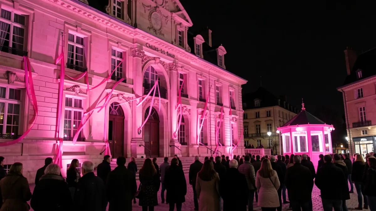 The facade of the Challes-les-Eaux town hall illuminated in pink at night, with pink ribbons and a pink kiosk.