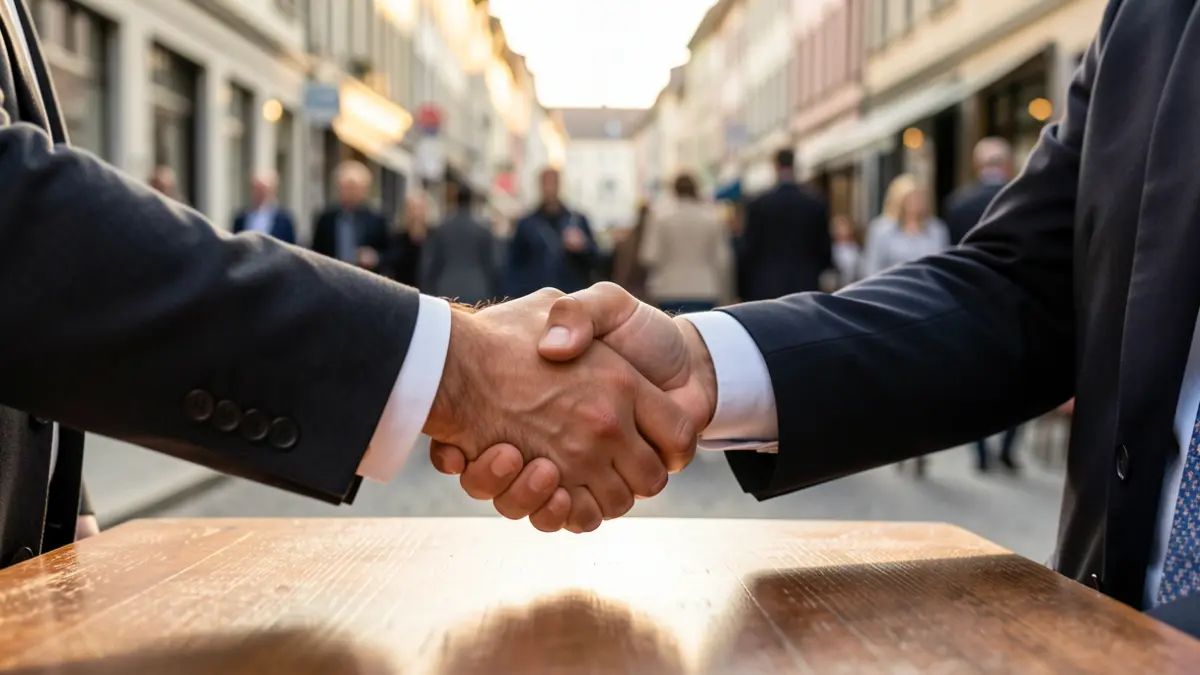 Generic image of a handshake between two people in business attire, with a blurred background of a commercial street, afternoon light.