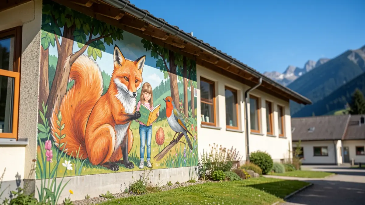 Colorful mural on a school wall in Chamonix, depicting animals and a little girl.