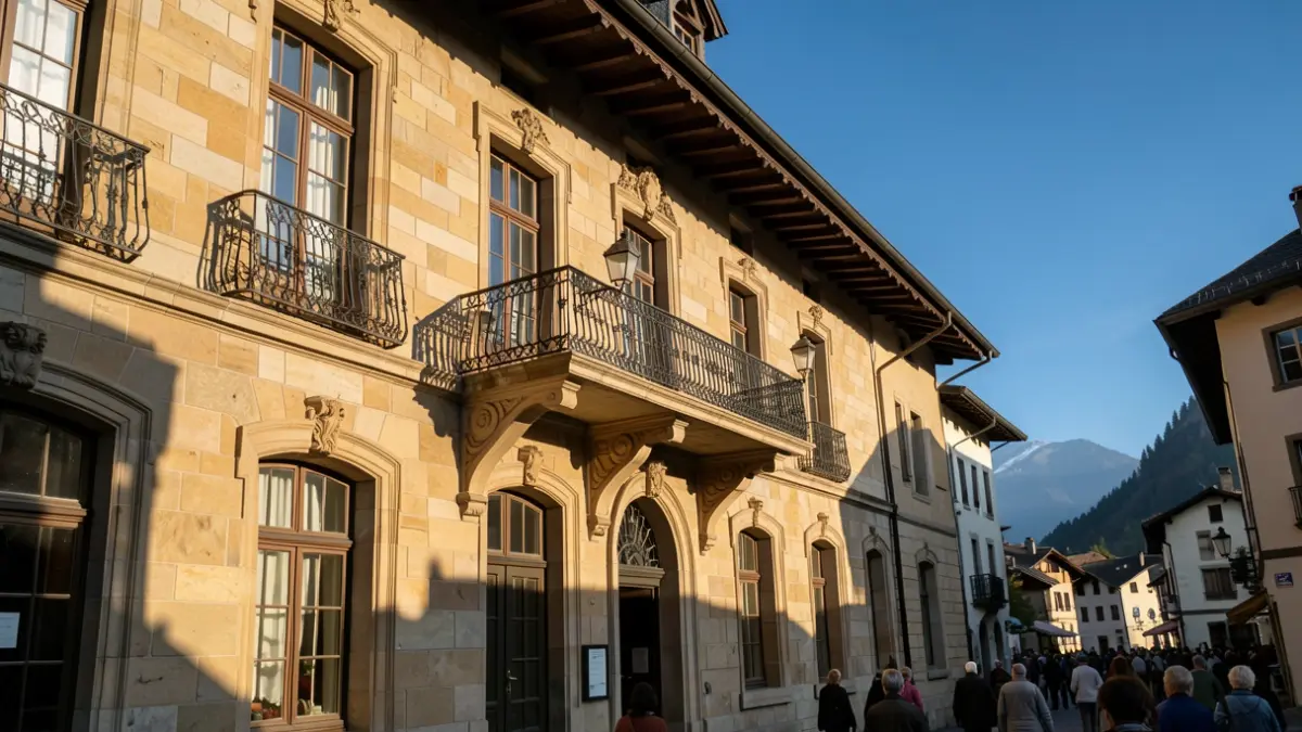 Generic image of a stone town hall facade in the French Alps with an ornate balcony and iron railings, under an afternoon sun.