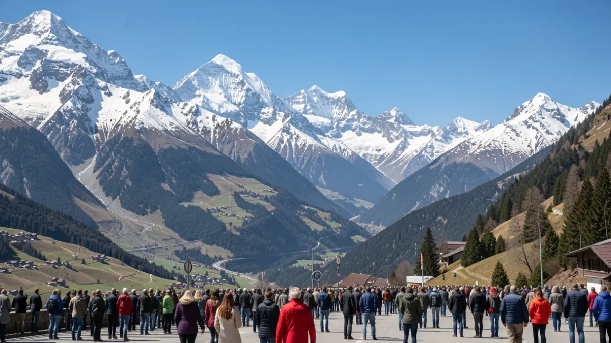 Generic image of the Chamonix-Mont-Blanc valley in the French Alps, with snow-capped mountains under a clear blue sky, showing the scale of the landscape.