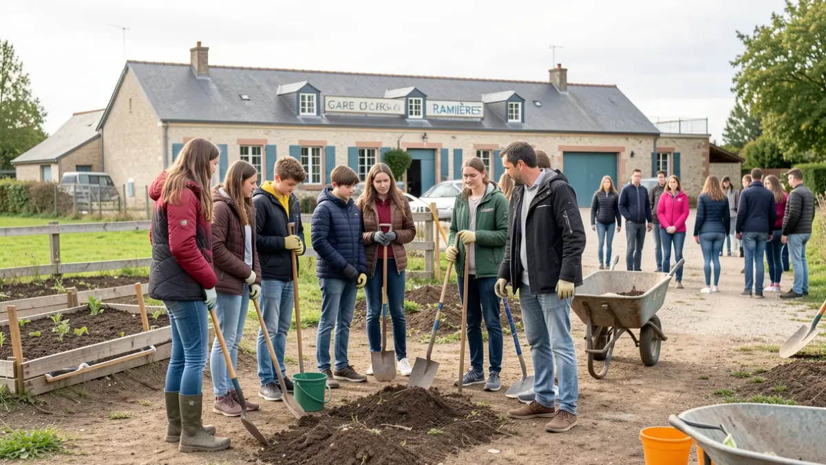 Jeunes volontaires participant à un chantier d'embellissement à la Gare des Ramières.