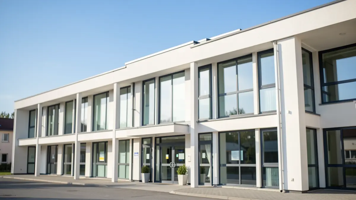 Generic image of a modern public building facade with large windows, under a clear blue sky.