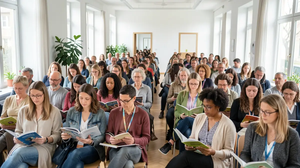 Generic image of a multilingual literary event in a community hall.