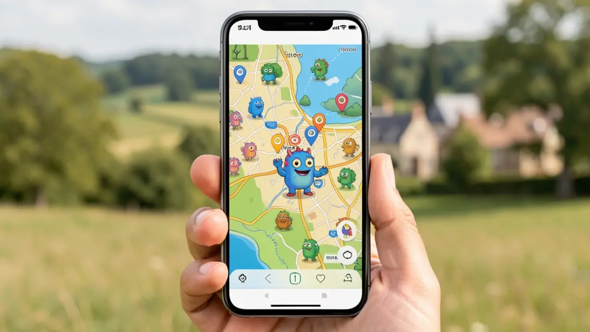 Generic image of a smartphone screen displaying a geocaching game map with a monster character.