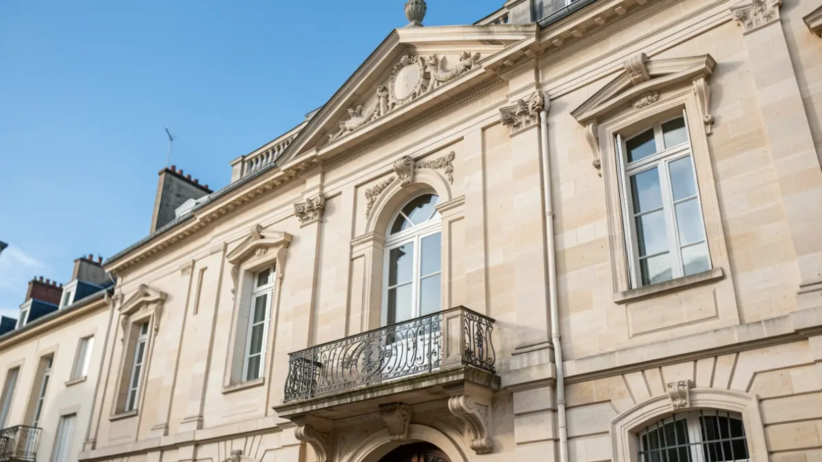 Image générique de la façade d'une mairie en pierre sous un ciel bleu.