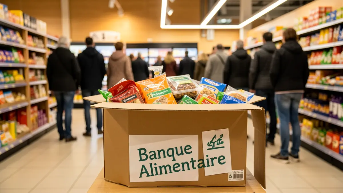 Generic image of a food donation collection box in a supermarket.