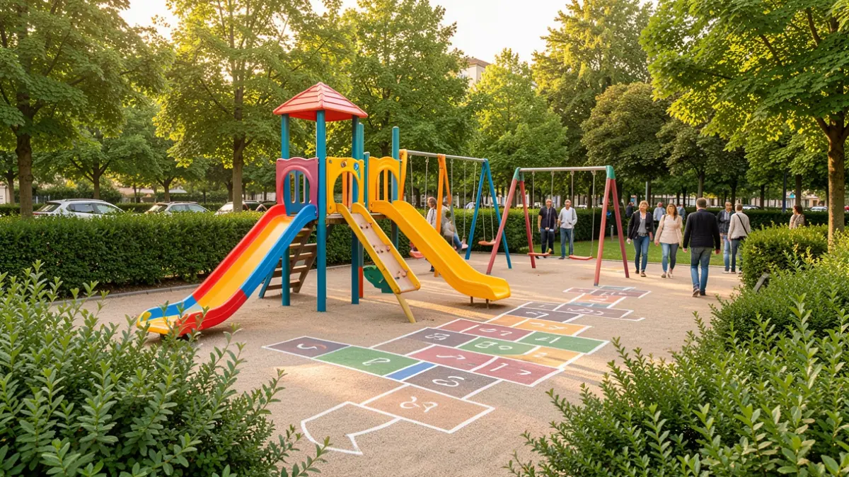Image générique d'une aire de jeux pour enfants moderne et colorée dans un parc.