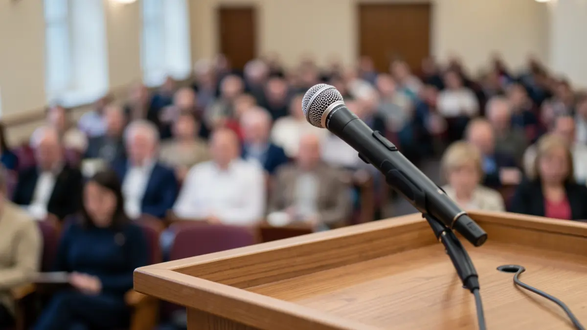 Image générique de micro sur un pupitre dans une salle de conférence.