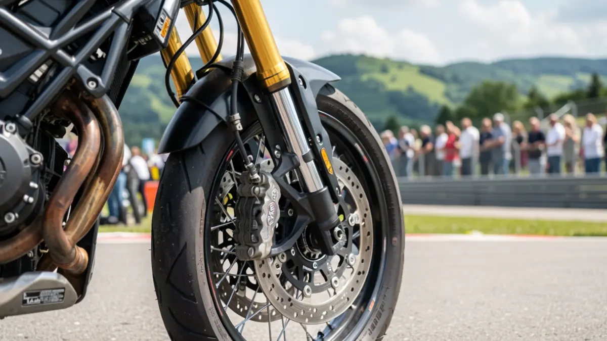 Generic image of a close-up on the front wheel and suspension of a racing motorcycle, with a blurred background of a race track and hills.