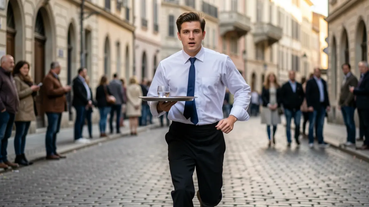 Generic image of a young man in a waiter's uniform running with a tray in the streets of Vienne.