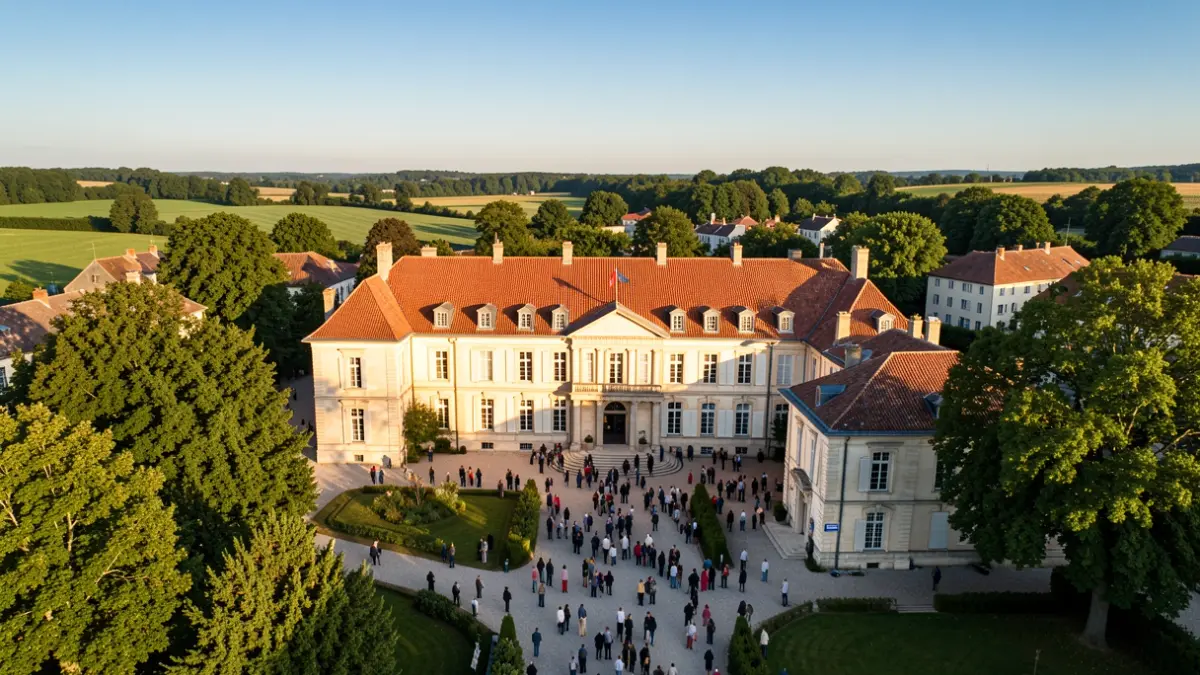 Generic image of a French town hall facade with a red tile roof and surrounding green landscape, in warm afternoon sunlight.