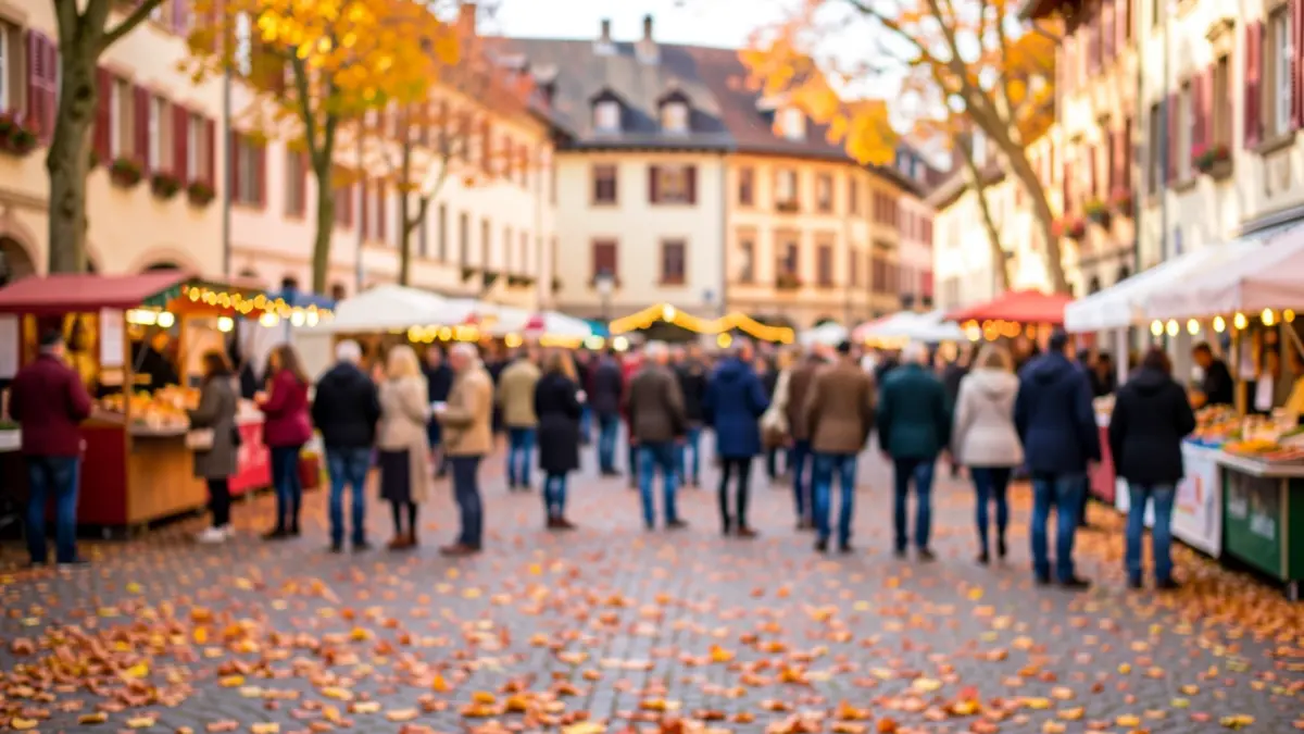 Image générique d'une place de ville animée en automne, avec des feuilles colorées et une lumière chaleureuse.