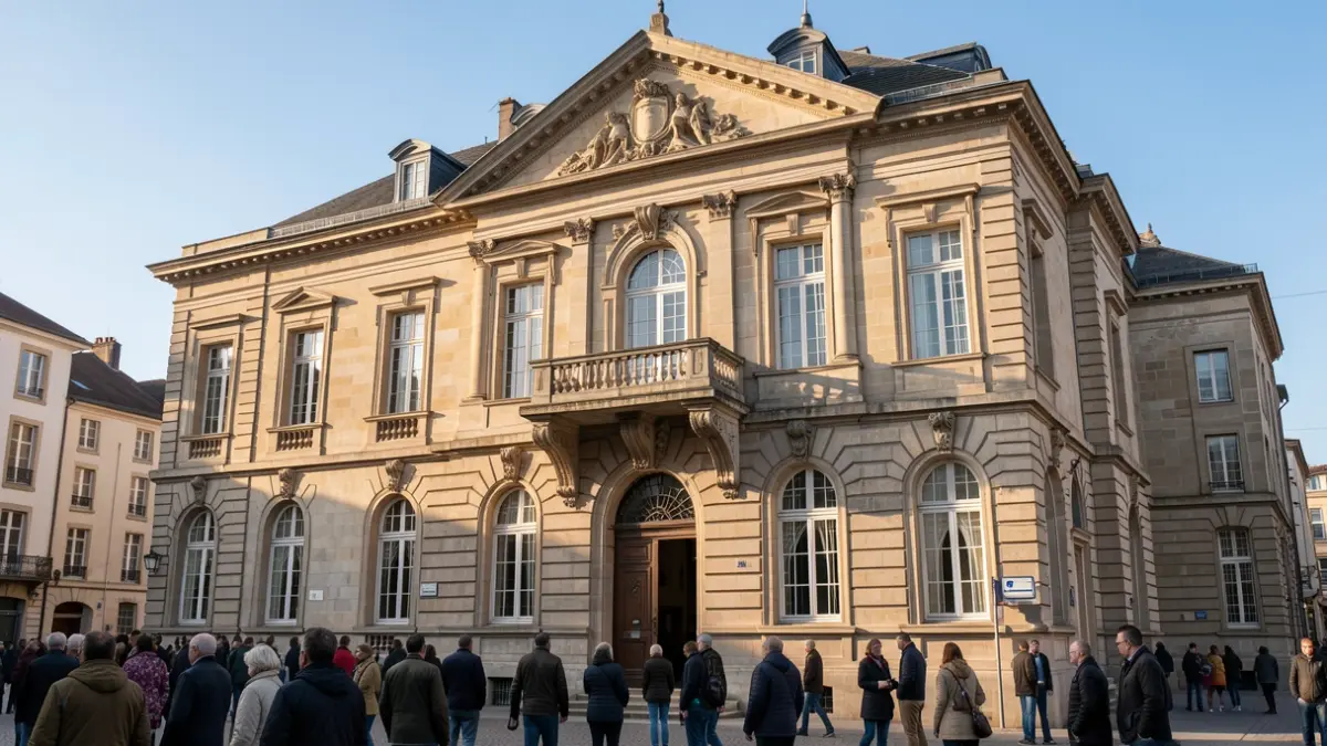 Generic image of a French town hall facade, featuring stone architecture and an ornate balcony, under a clear blue sky with soft afternoon sunlight.