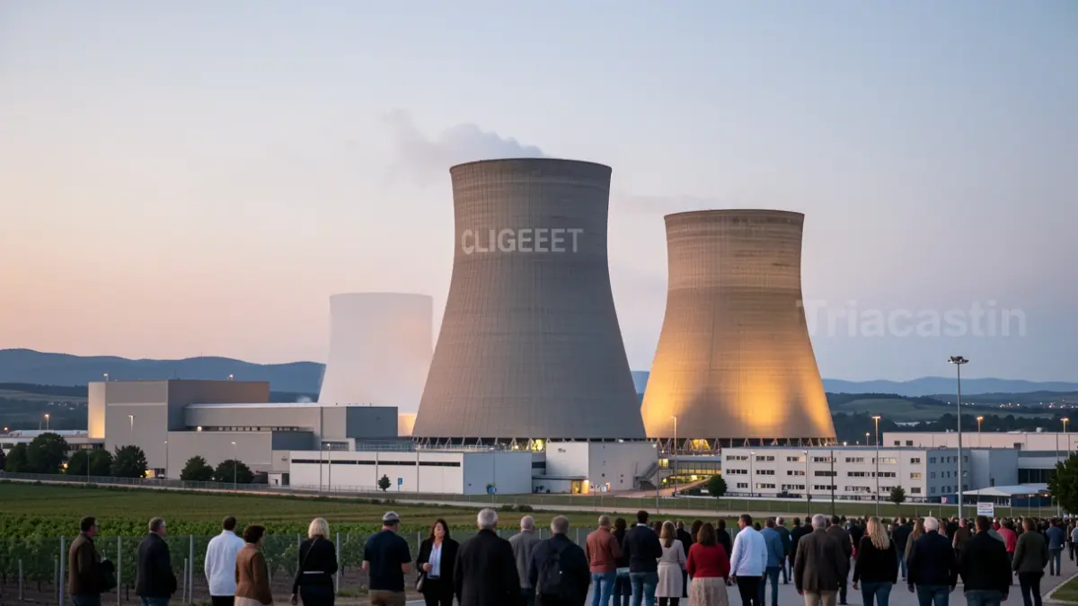 Generic image of nuclear power plant cooling towers at dusk.