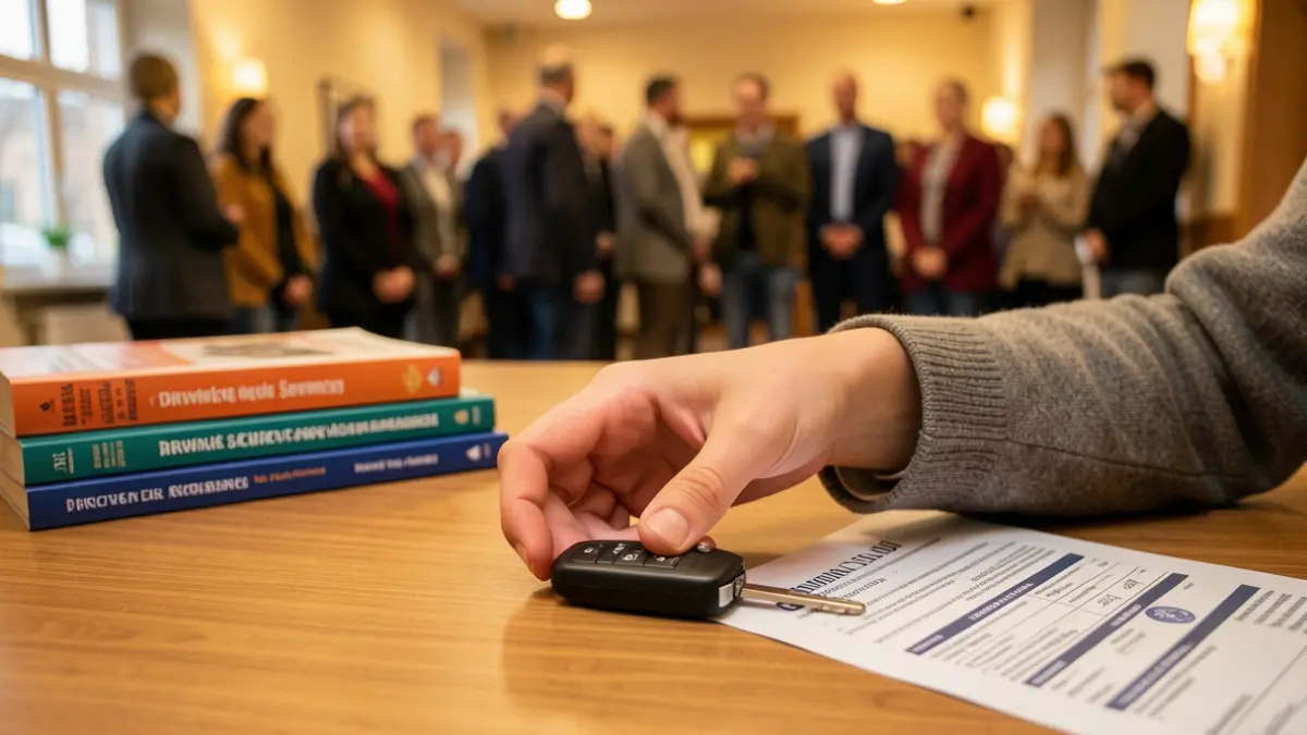 Generic image of a young person's hand reaching for a car key, with blurred driving school books and a financial aid document in the background.