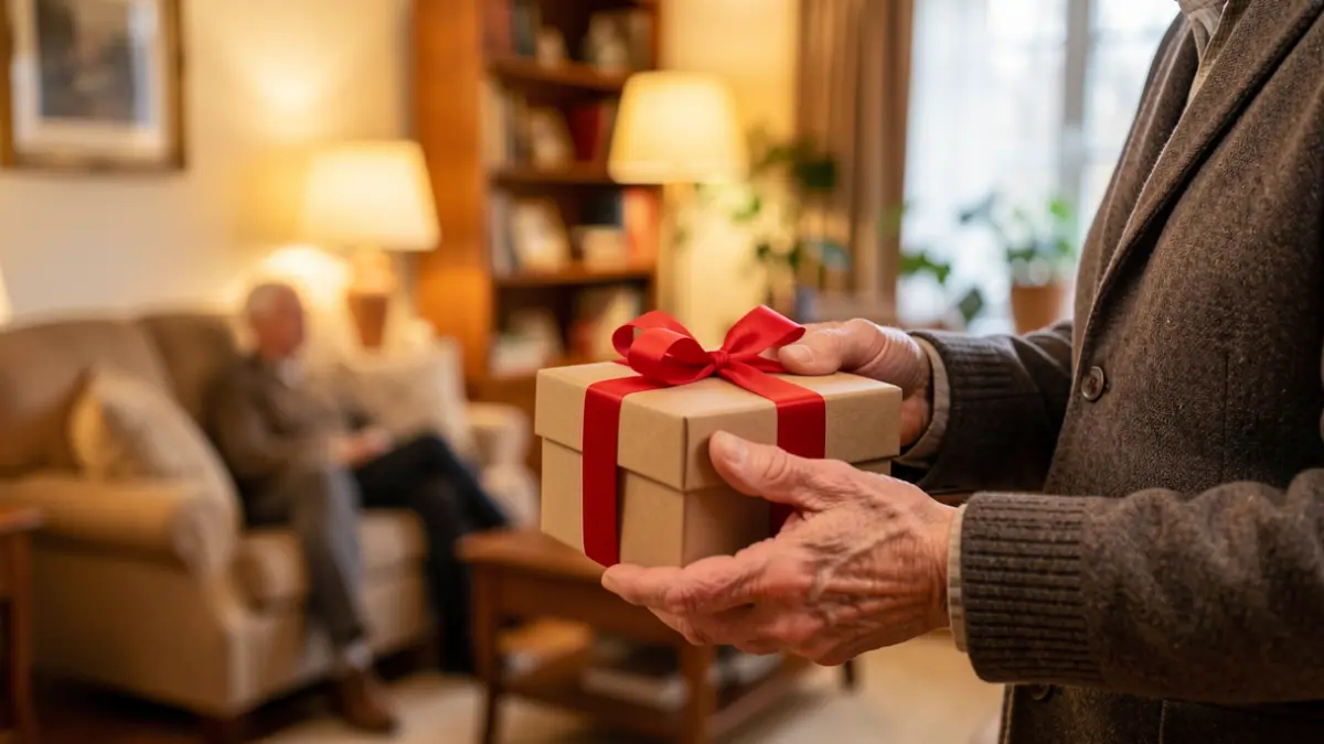 Elderly person's hands holding a gift box in a living room.