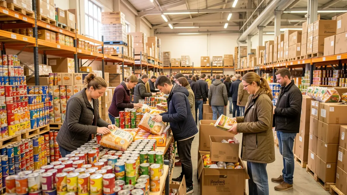 Generic image of volunteers sorting food donations in a warehouse.
