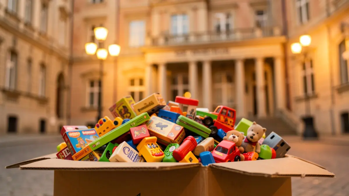 Generic image of a toy collection box in front of a town hall.