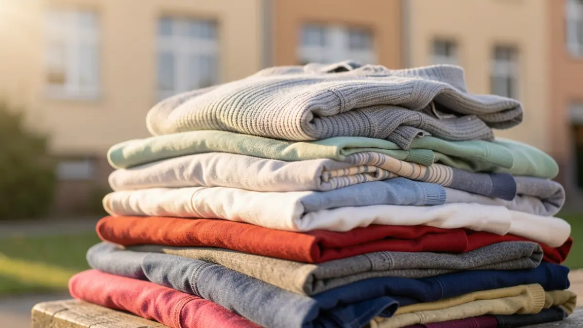 Generic image of folded adult clothing, with a blurred background suggesting a solidarity collection point.