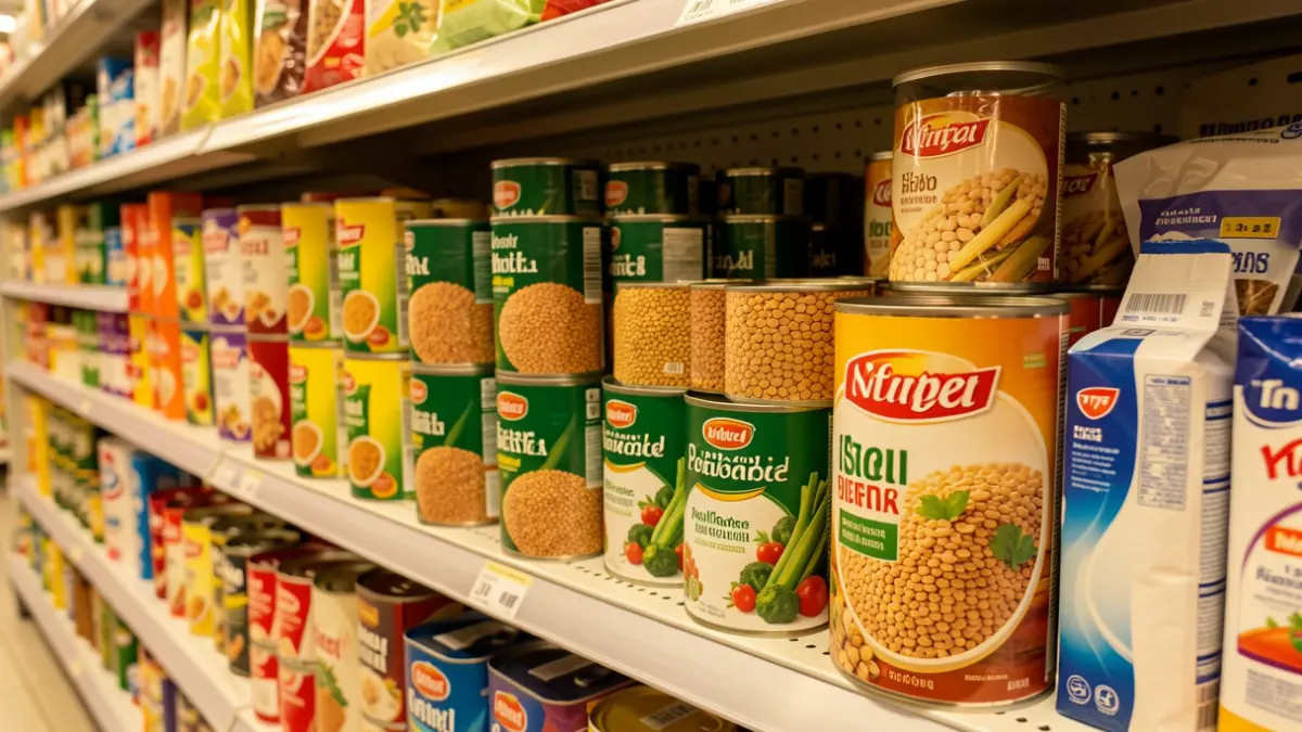 Generic image of non-perishable food items and hygiene products on a supermarket shelf.