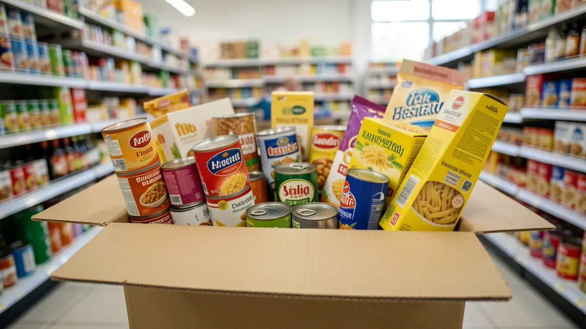 Generic image of a food donation collection box with non-perishable items.