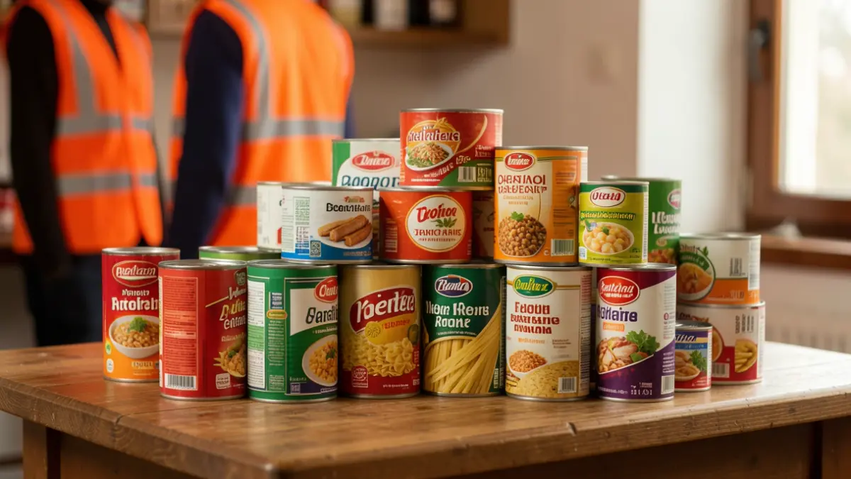 Generic image of non-perishable food items stacked on a wooden table, with blurred orange vests in the background.