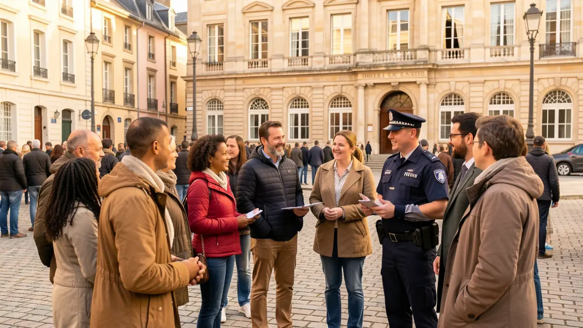 Generic image of citizens discussing with a police officer in front of a town hall.