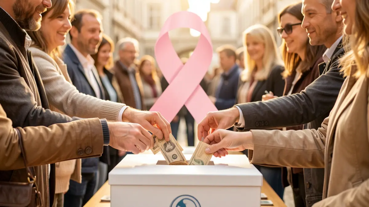 Generic image of hands placing donations into a box, with a subtle pink ribbon.