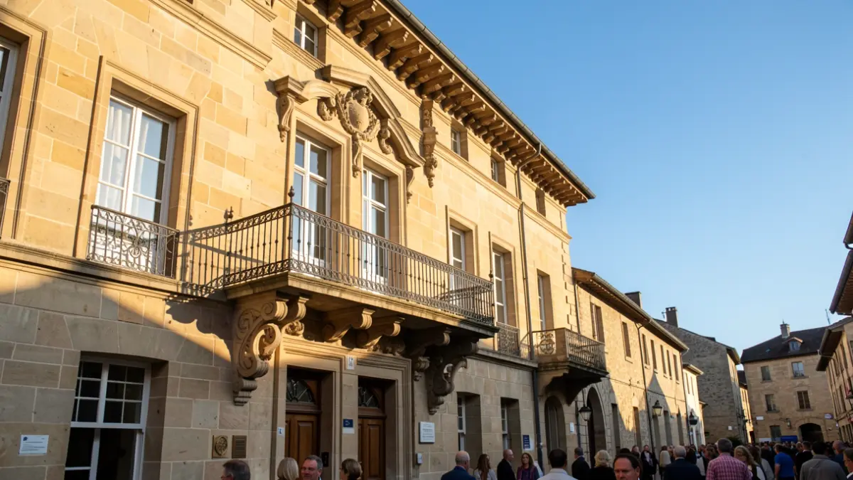 Facade of a stone town hall in the Auvergne-Rhône-Alpes region, with an ornate balcony and iron railings, under warm afternoon sunlight, blue sky.