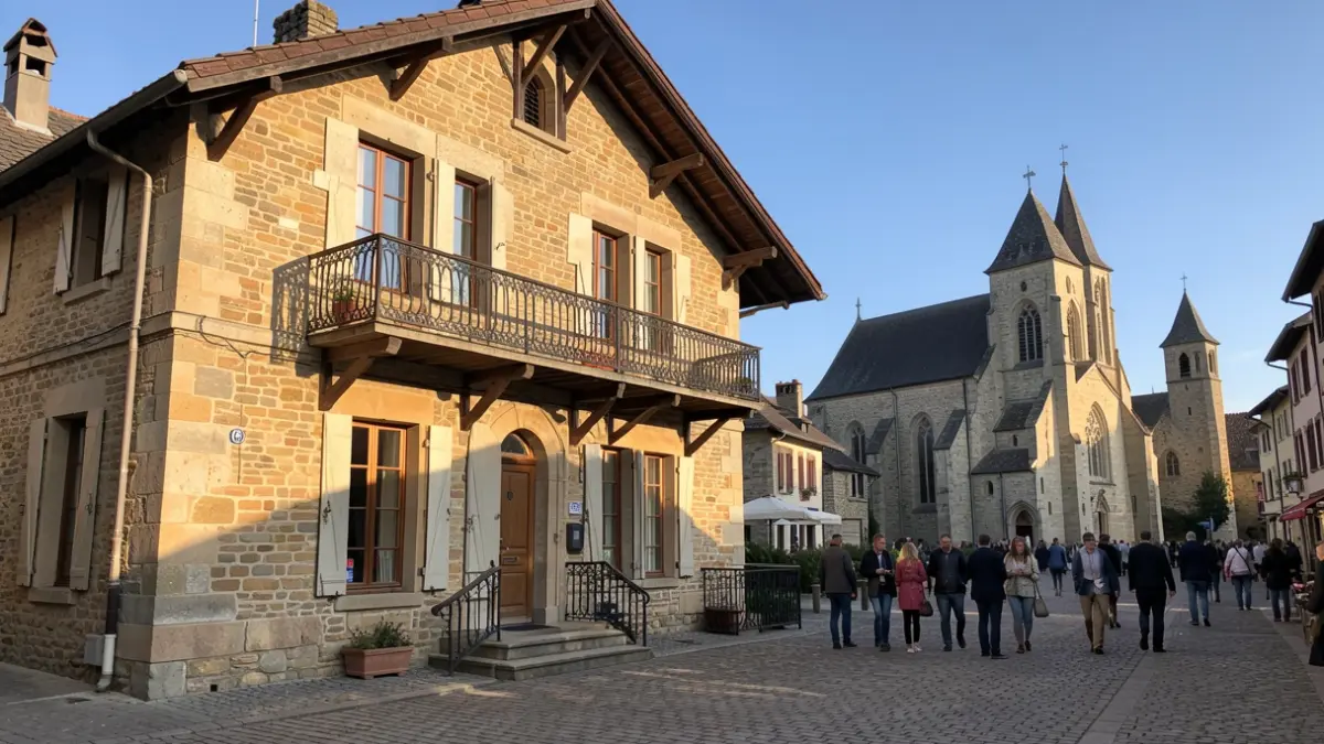 Image générique d'une façade de chalet communal en pierre avec balcon, dans un centre de village ensoleillé.
