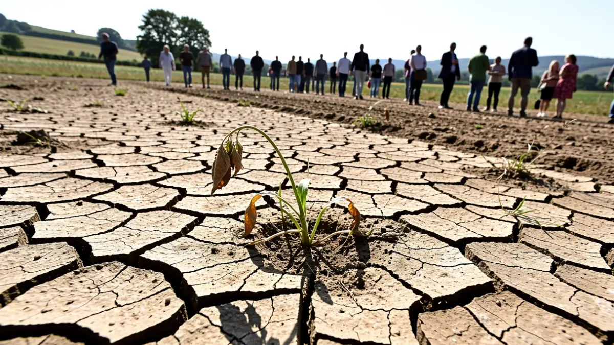 Image générique de terre craquelée et d'une plante fanée dans un paysage rural sous un soleil intense.