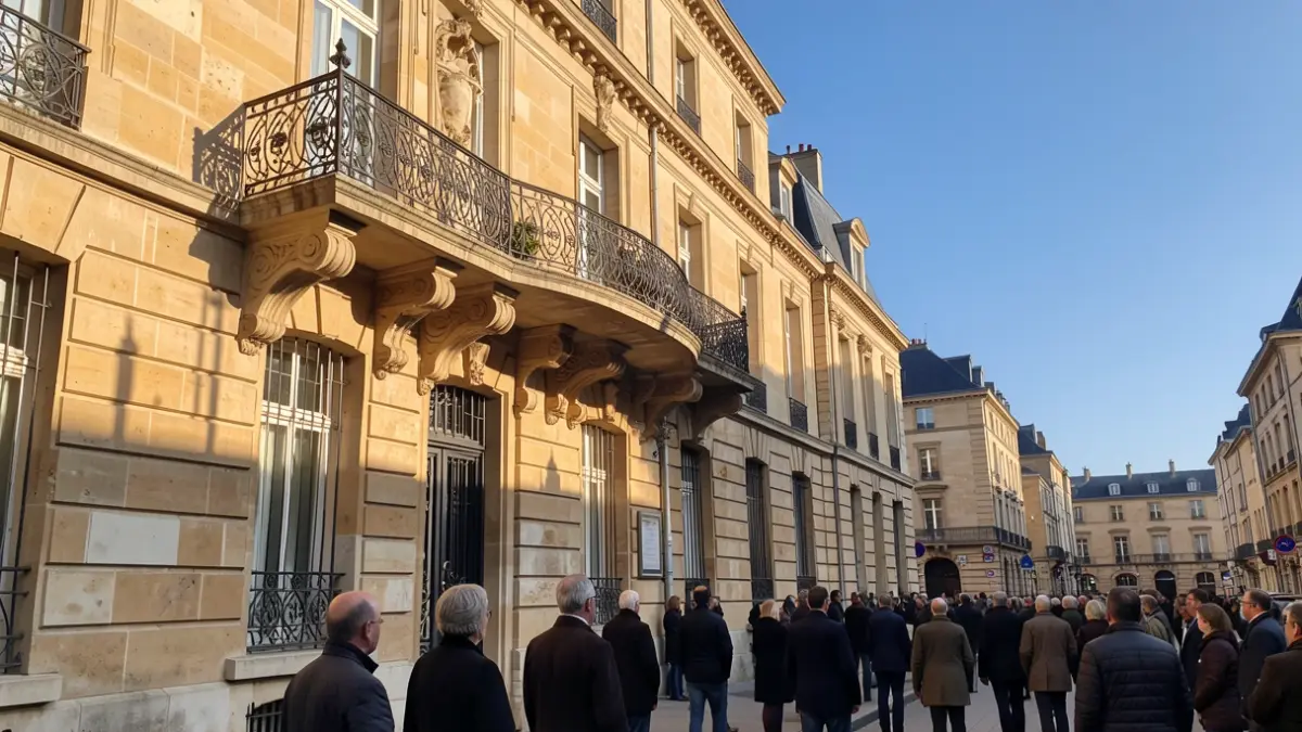 Image générique de la façade d'une mairie française avec un balcon orné et un ciel bleu.