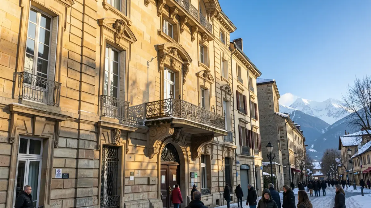 Generic image of a French town hall facade with an ornate balcony and iron railings, in the afternoon sun.
