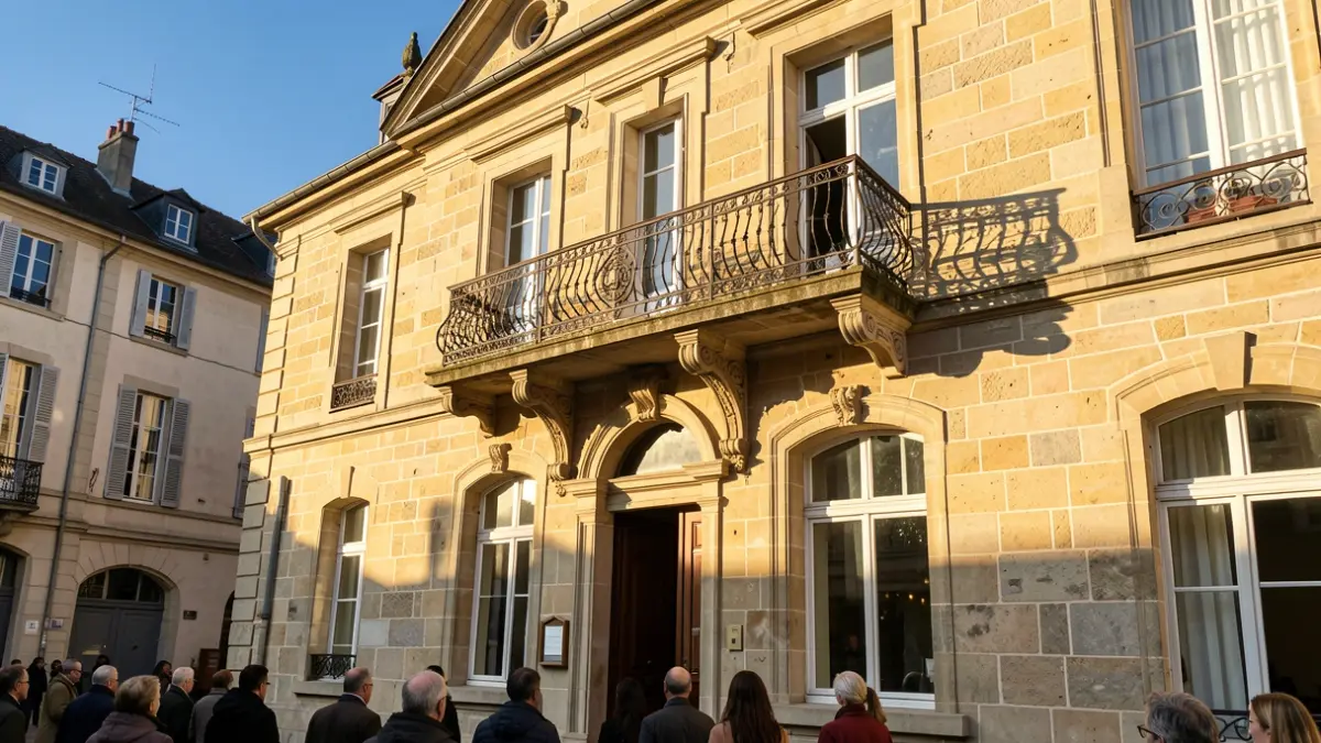 Generic image of a French town hall facade with an ornate balcony and iron railings, bathed in warm afternoon sunlight.