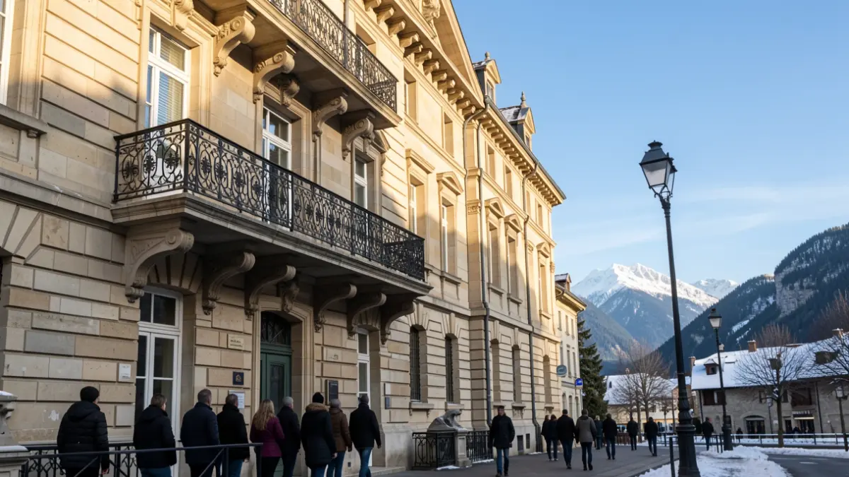 Generic image of a stone town hall facade with a balcony and wrought iron railings, under afternoon sunlight.