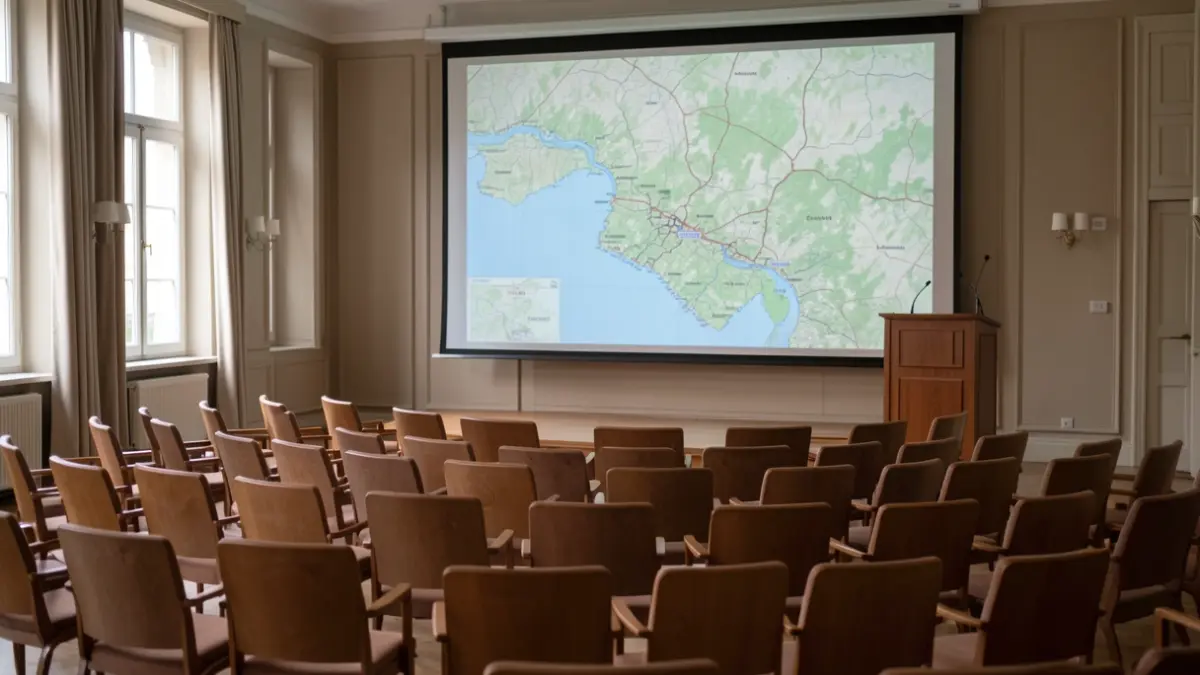 Public meeting room with chairs and a map of the Garon river basin.
