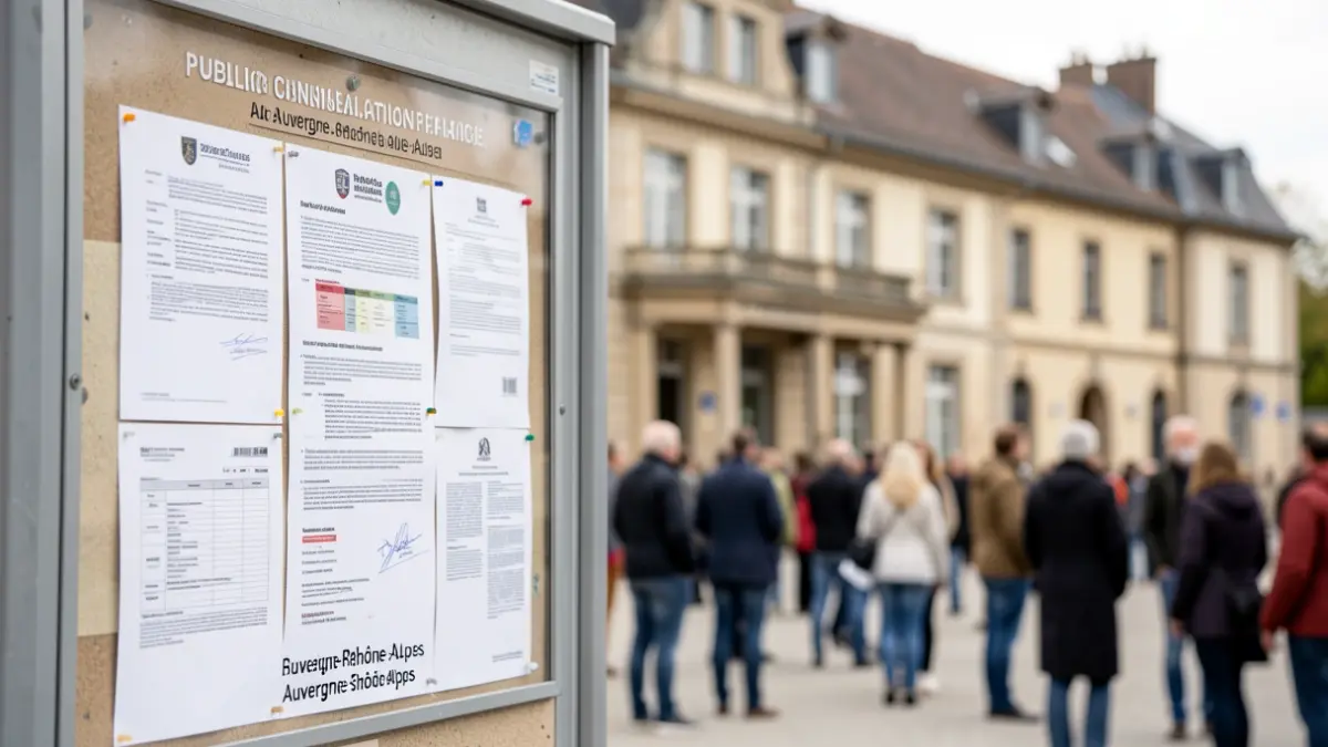 Generic image of an official information board with documents and a web address, in front of a town hall facade.