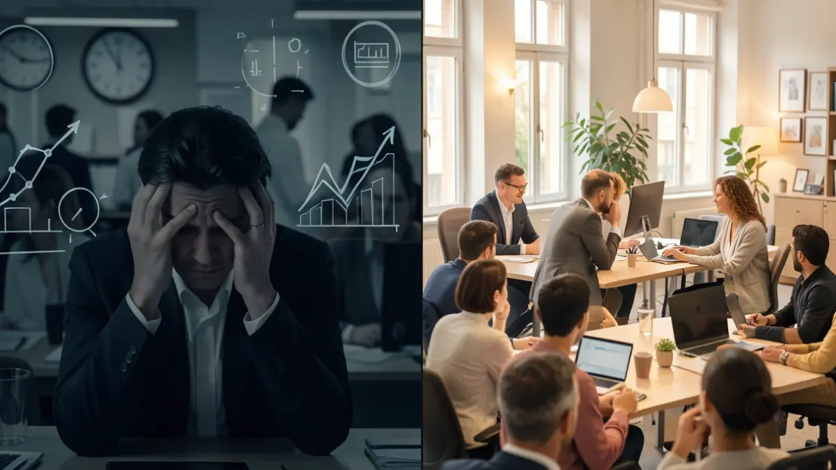 Generic image representing contrasting work environments, with symbolic elements of stress and collaboration.