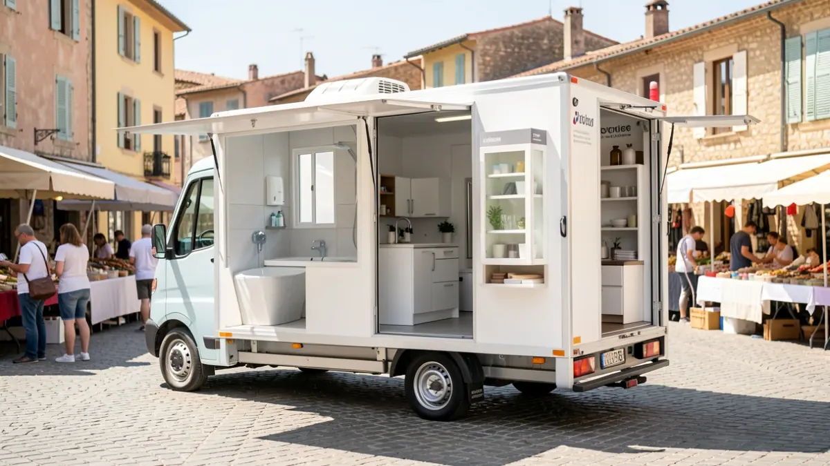 The 'TRUCK SOLIHA' mobile showroom, designed for home autonomy, displayed at the Condrieu market.