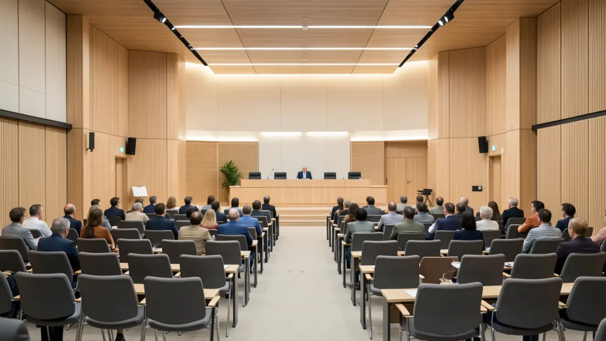 Generic image of an empty metropolitan council chamber with seats arranged in rows and a podium.